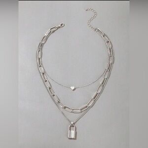 Silver Layered Padlock & Heart Charm Necklace – Chunky Chain Choker 3/$30
